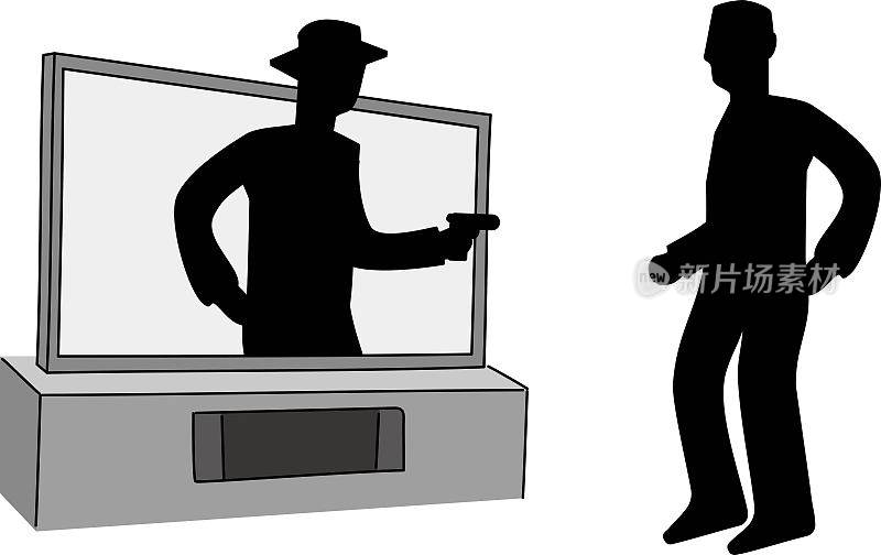一个男人在一个简单而大的电视LCD屏幕上指着枪的插图/插图材料(矢量插图)